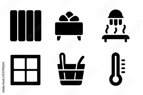 Sauna Icon Collection. Solid, filled icon set of sauna environment: wooden walls, sauna heater, vent, steam room, sauna lighting, window, wooden bucket, sauna