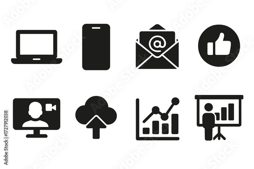 Tech Icon Grid. Solid, filled icon set of lobbying technology: laptop, smartphone, email, social media, video call, cloud storage, analytics chart,