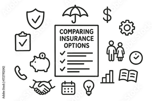 Insurance Options Doodle. Hand-drawn doodle illustration Comparing insurance options document, checklist, shield, umbrella, dollar sign, piggy bank, bar chart,