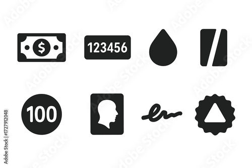 Banknote Icon Set. Solid, filled icon set of banknote features: currency note, serial number, watermark, security thread, denomination number, portrait,