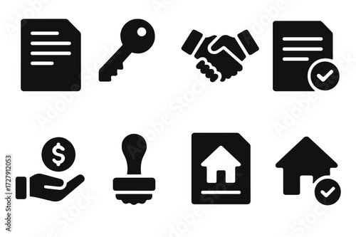 Real Estate Icons. Solid, filled icon set of real estate closing: contract document, house key, handshake, loan approval, final payment, notary seal, property