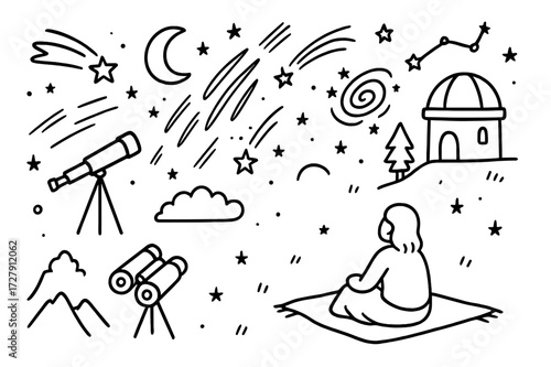 Meteor Shower Doodles. Hand-drawn doodle illustration meteor shower night sky meteors, stars, moon, comet, galaxy swirl, shooting star, telescope, binoculars,