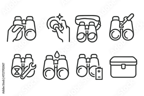 Binocular Maintenance Icons. Outline icon set of binocular maintenance: cleaning, lens polishing, strap replacement, focus calibration, prism alignment,