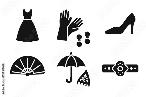 Queen's Fashion Icons. Solid, filled icon set of queen?s fashion and accessories: elegant dress, gloves, pearl earrings, high heels, fan, parasol, embroidered
