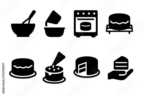 Cake Baking Icons. Solid, filled icon set of cake baking steps: mixing, pouring batter, baking, cooling, frosting, decorating, slicing, serving. Solid, filled