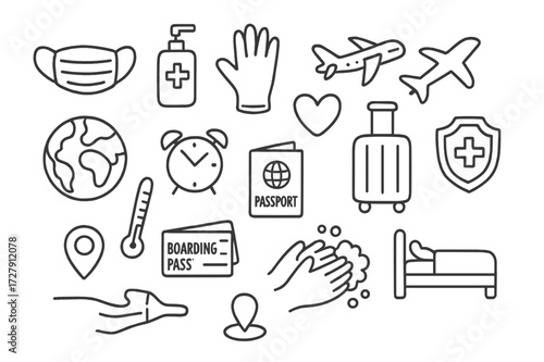 Travel Essentials Doodle. Hand-drawn doodle illustration Safe travel essentials face mask, sanitizer, gloves, suitcase, passport, boarding pass, thermometer,