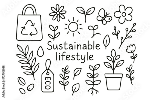Eco-Friendly Doodle Icons. Hand-drawn doodle illustration Sustainable lifestyle packaging [eco bag, flower, sprout, leaf, herbal branch, recycling symbol,