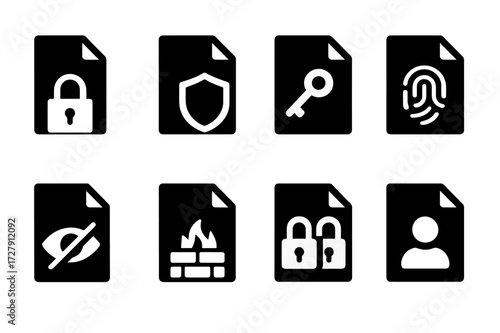 Document Security Icons. Solid, filled icon set of document security: padlock, shield, key, fingerprint, eye slash, firewall, encryption, user access. [Line