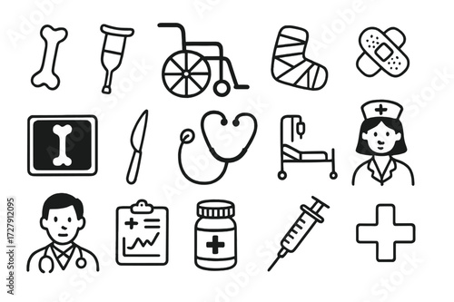 Orthopedic Care Essentials. Hand-drawn doodle illustration orthopedic care bone, crutch, wheelchair, plaster, bandage, x-ray, scalpel, stethoscope, hospital