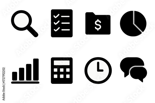 Financial Audit Icons. Solid, filled icon set of financial audit meeting: magnifying glass, checklist, report folder, pie chart, bar graph, calculator, clock,