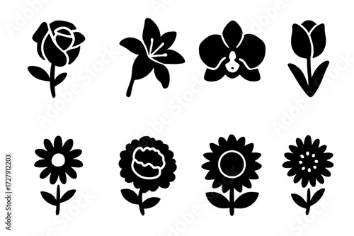 Silk Flowers Icon Set. Solid, filled icon set of silk flowers: silk rose, silk lily, silk orchid, silk tulip, silk daisy, silk peony, silk sunflower, silk