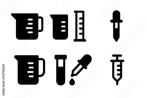 Liquid Measuring Icons. Solid, filled icon set of liquid measuring instruments: liquid measuring cup, beaker, graduated cylinder, pipette, dropper, measuring