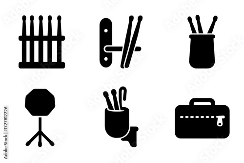 Drumstick Icon Collection. Solid, filled icon set of drumsticks storage and organization: drumstick rack, wall mount, drumstick jar, stick holder, practice pad