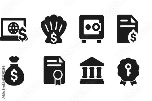 Tax Haven Icons. Solid, filled icon set of tax haven concepts: offshore account, shell company, secret vault, tax form, money bag, legal document, bank