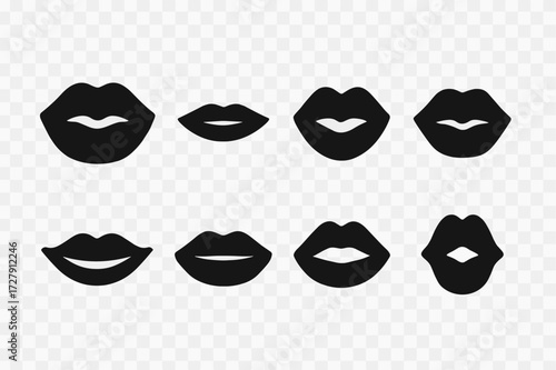 Diverse Lip Icons. Solid, filled icon set of lips shapes: full lips, thin lips, heart-shaped lips, pouty lips, smiling lips, closed lips, parted lips, kissing