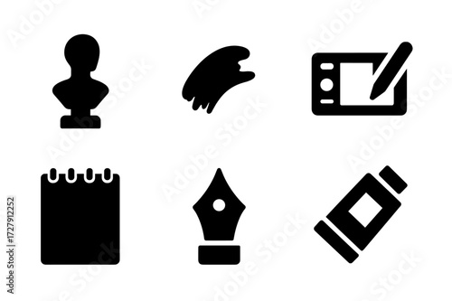 Art Portfolio Icons. Solid, filled icon set of art portfolio: sculpture, brush stroke, photo camera, graphic tablet, sketchpad, ink pen, frame, paint tube.