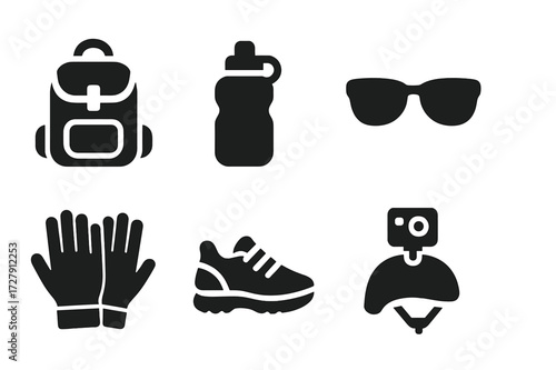 Zip Line Gear Icons. Solid, filled icon set of zip line accessories: backpack, water bottle, sunglasses, action camera, gloves, shoes, helmet cam, GPS tracker.