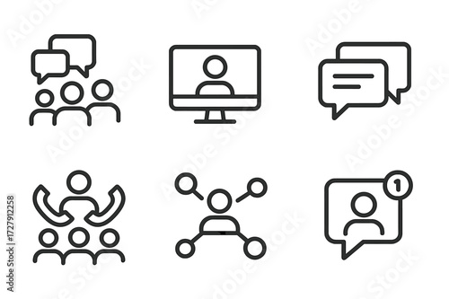 Communication Icons Grid. Outline icon set of together communication: group chat, video call, speech bubbles, email chain, phone conference, social media,