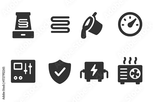 Industrial Icon Set. Solid, filled icon set of industrial induction: induction furnace, metal heating coil, molten metal, temperature gauge, control panel,