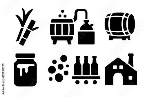 Rum Production Icons. Solid, filled icon set of rum production elements: sugarcane stalk, fermentation barrel, distillation still, aging barrel, molasses jar,
