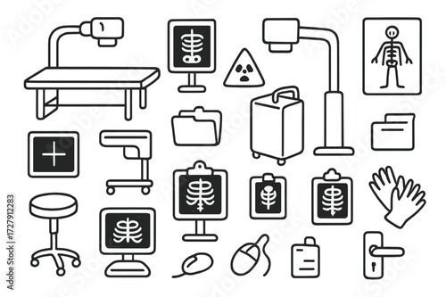 Radiology Icons Doodle. Hand-drawn doodle illustration [radiology department equipment] [x-ray table, machine, monitor, scanner arm, radiation shield, film