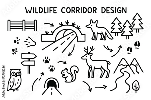 Wildlife Corridor Sketch. Hand-drawn doodle illustration [Wildlife corridor design] [fence, bridge, forest, fox, deer, tracks, arrows, road, tunnel, mountain,