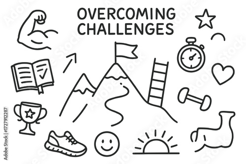 Overcoming Challenges Icons. Hand-drawn doodle illustration Overcoming challenges mountain, flag, ladder, flexed arm, star, path, arrow, stopwatch, dumbbell,
