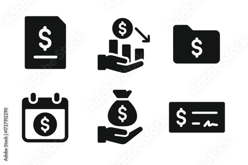 Interest Icons Grid. Solid, filled icon set of interest income: tax document, payment icon, passive income chart, earnings folder, interest calendar, payout