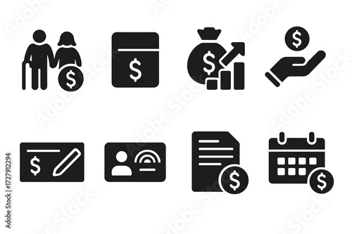 Pension Fund Icons. Solid, filled icon set of pension funds: retirement plan, pension account, fund growth, contributions, benefit check, social security, fund