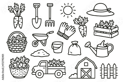 Carrot Harvest Icons. Hand-drawn doodle illustration Carrot harvest [carrot bunch, basket, shovel, rake, gloves, sun hat, crate, wheelbarrow, bucket, soil
