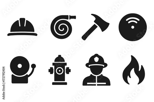 Firefighter Icons. Solid, filled icon set of fire rescue: fire helmet, fire hose, fire axe, smoke detector, fire alarm, hydrant, firefighter, flame symbol.