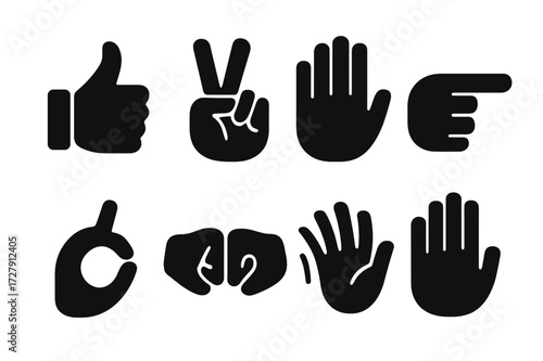 Hand Gesture Icon Set. Solid, filled icon set of hand signs and gestures: thumbs up, peace sign, stop hand, pointing finger, OK sign, fist bump, wave, raised