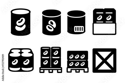 Canned Beans Icon Set. Solid, filled icon set of canned beans packaging: metal can, label sticker, safety seal, barcode, box carton, shrink wrap, pallet,