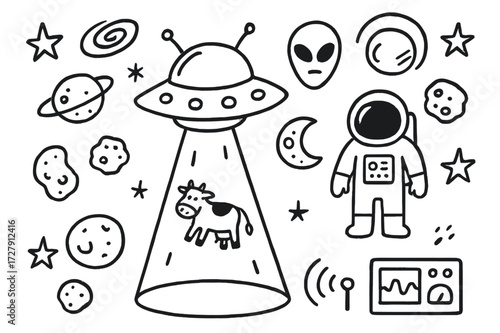 Alien Doodle Extravaganza. Hand-drawn doodle illustration alien spaceship UFO, beam of light, alien face, stars, galaxy, flying saucer, antennas, hatch,