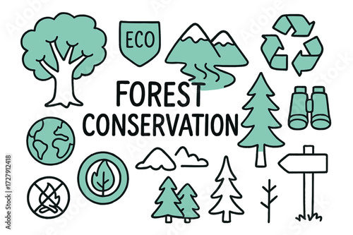 Forest Conservation Illustration. Forest conservation. Hand-drawn doodle illustration forest conservation big tree (colored), mountain, river (colored), pine