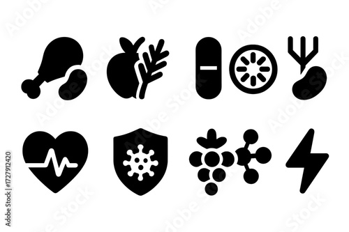 Nutrition Icon Set. Solid, filled icon set of garlic and beans nutrition: protein icon, fiber icon, vitamin icon, mineral icon, heart health icon, immune