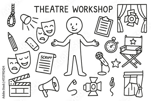Theatre Doodle Icons. Hand-drawn doodle illustration Theatre workshop actor figure, masks comedy and tragedy, spotlight, curtain, pencil, script, clipboard,