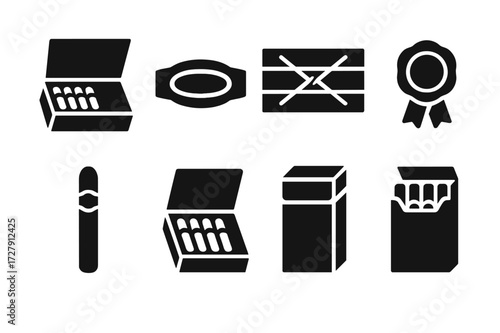 Cigar Packaging Icons. Solid, filled icon set of cigar packaging: cigar box, label, ribbon, wooden crate, seal, protective sleeve, presentation case, carton.