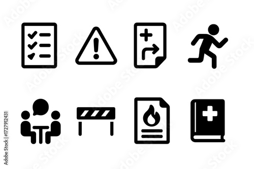 Safety Protocol Icons. Solid, filled icon set of safety protocols: checklist, warning sign, emergency plan, evacuation route, safety meeting, caution tape,