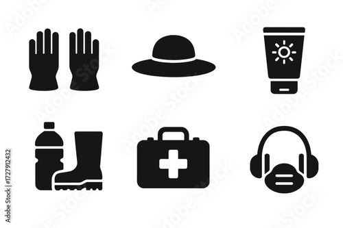 Farmer Safety Icons. Solid, filled icon set of farmer safety and health: gloves, hat, boots, sunscreen, water bottle, first aid kit, mask, ear protection.