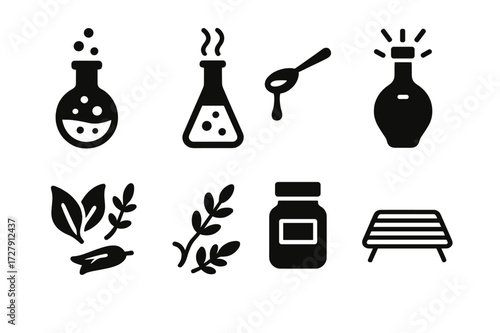 Potion Craft Icons. Solid, filled icon set of potion creation: bubbling flask, steaming vial, glowing bottle, mixed herbs, pouring spoon, labeled jar, fire