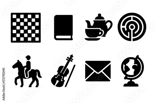 Aristocrat Leisure Icons. Solid, filled icon set of aristocrat leisure: chess board, book, tea set, garden maze, horseback riding, violin, letter, globe.