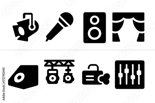 Stage Equipment Icons. Solid, filled icon set of stage equipment: spotlight, microphone, speaker, stage curtain, stage monitor, lighting rig, smoke machine,