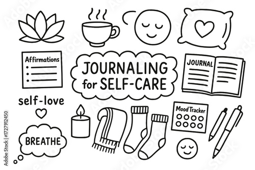Self-Care Doodle Icons. Hand-drawn doodle illustration [journaling for self-care] [lotus flower, tea cup, soft pillow, heart, peaceful face, affirmations,