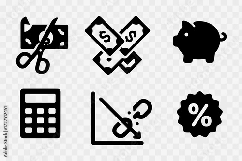 Budget Trim Icons. Solid, filled icon set of budget trimming: scissors cutting money, crossed bills, calculator, piggy bank, decreasing graph, broken chain,