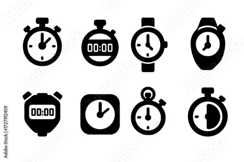 Stopwatch Icon Set. Solid, filled icon set of stopwatch types: analog stopwatch, digital stopwatch, wrist stopwatch, handheld stopwatch, sports stopwatch,