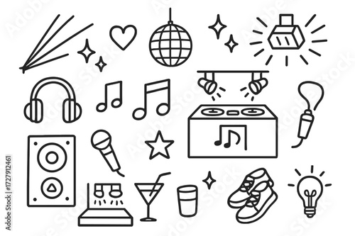 Nightclub Doodle Icons. Hand-drawn doodle illustration Nightclub dance lights [laser beam, disco ball, DJ booth, headphones, microphone, star, heart, music