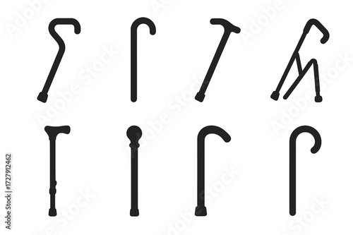 Diverse Cane Icons. Solid, filled icon set of cane types by function: orthopedic cane, fashion cane, hiking cane, folding cane, adjustable cane, decorative