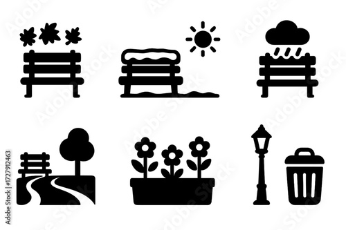 Bench Environment Icons. Solid, filled icon set of bench environments: autumn leaves, snow on bench, sunny day, rainy bench, park path, flower bed, street