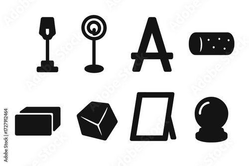 Place Card Icons. Solid, filled icon set of place card holders: clip stand, wire spiral, mini easel, cork holder, wooden block, geometric holder, frame stand,